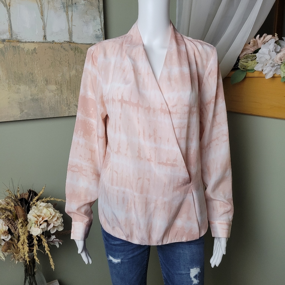 Larry Levine Pink Tie Dye Faux Wrap Dressy Blouse